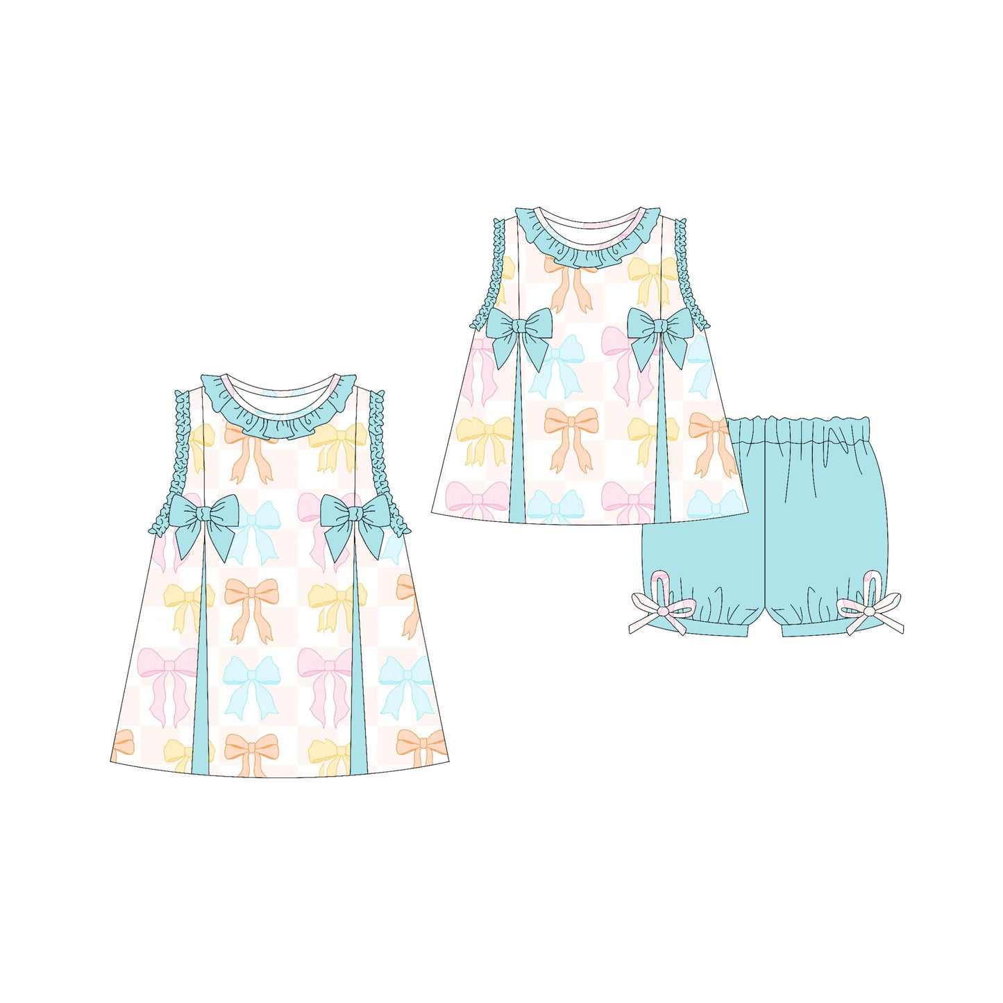 Preorder moq 5 Custom Baby Girls Sleeveless Colorful Bows Tunic Aqua Ruffle Short Set Knee Length Dresses