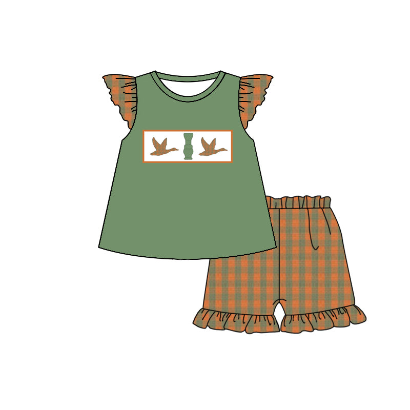 Baby Girls Duck Call Hunting Top Ruffle Checkered Shorts Clothing Sets preorder(MOQ 5)