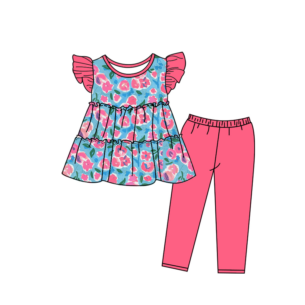 Baby Girls Blue Pink Flowers Tunic Top Legging Pants Clothes Sets preorder (moq 5)