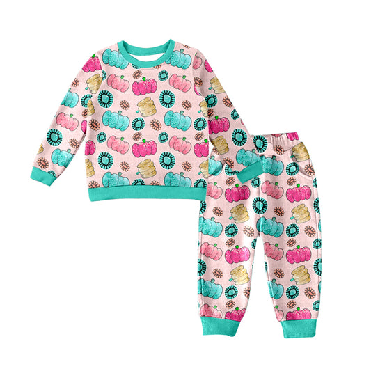 Baby Girls Colorful Pumpkins Turquoise Shirt Top Pants Pajamas Clothes Sets Preorder(moq 5)