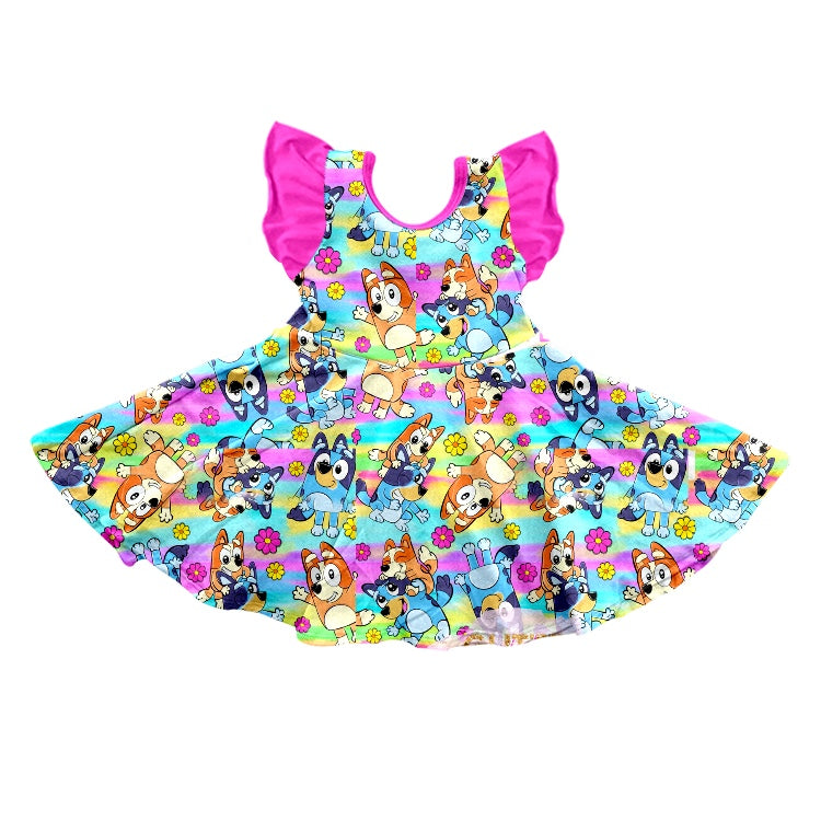 Baby Girls Cartoon Dogs Flowers Rainbow Knee Length Dresses preorder(moq 5)