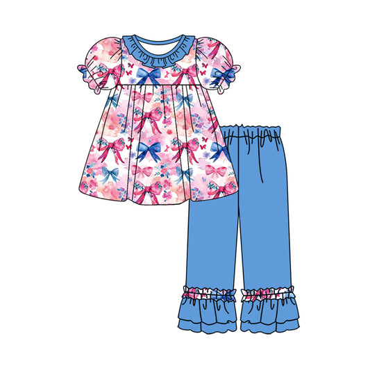 Baby Girls Colorful Bows Top Ruffle Pants Kids Clothing Sets preorder(MOQ 5)