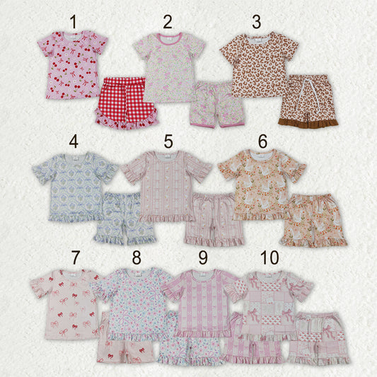 Sibling Baby Girls Colorful Flowers Bows Top Short Pajamas Clothes Sets