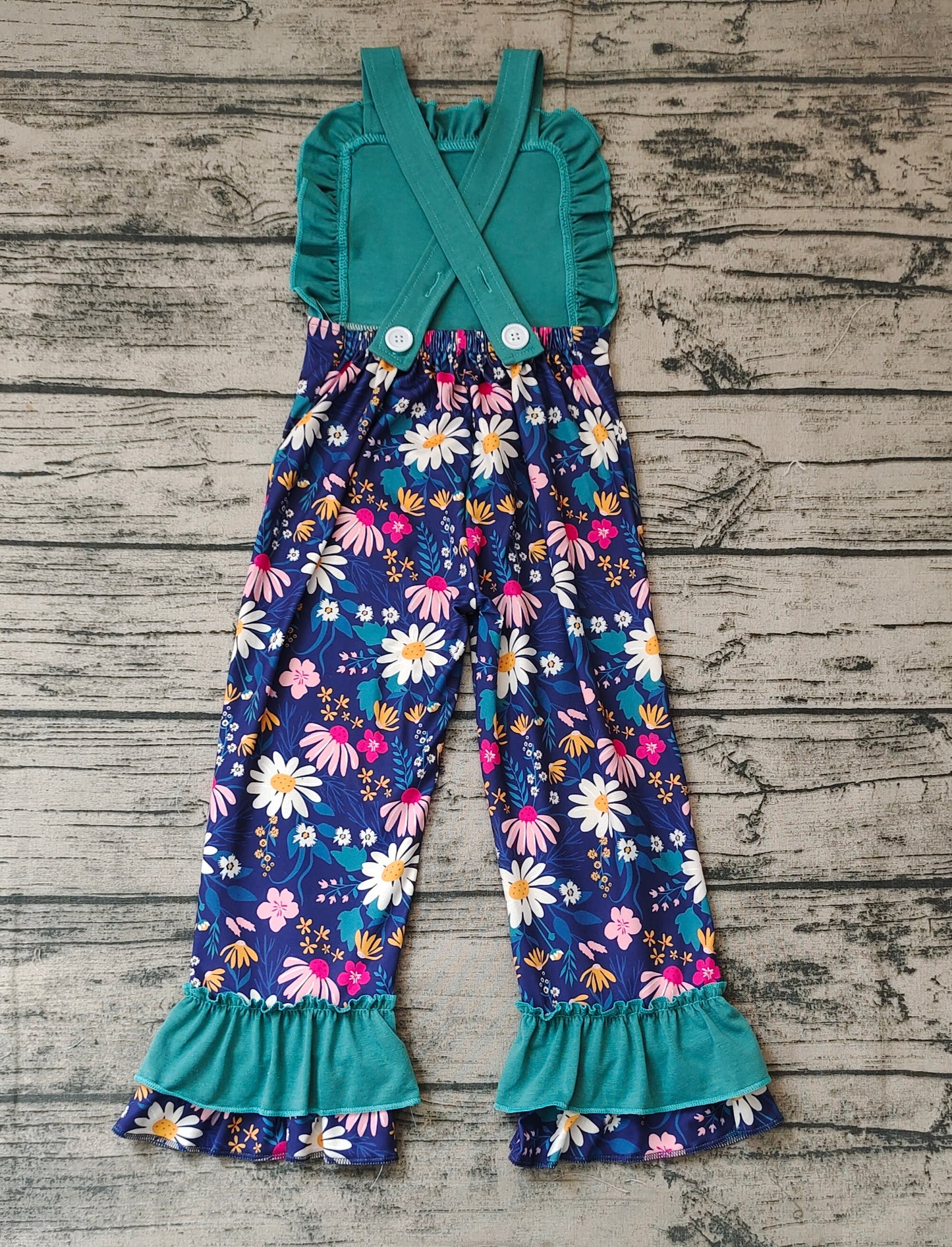 Baby Girls Dark Green Daisy Flowers Straps Ruffle Pants Jumpsuits