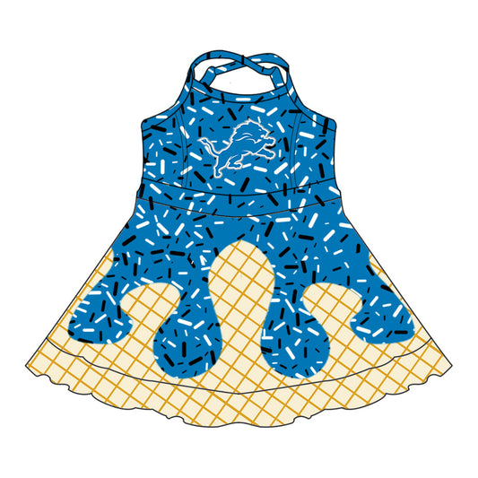 Preorder (moq 5)Baby Girls Drip Sprinkles Detroit Lions Team Shorts Ruffle Knee Length Dress