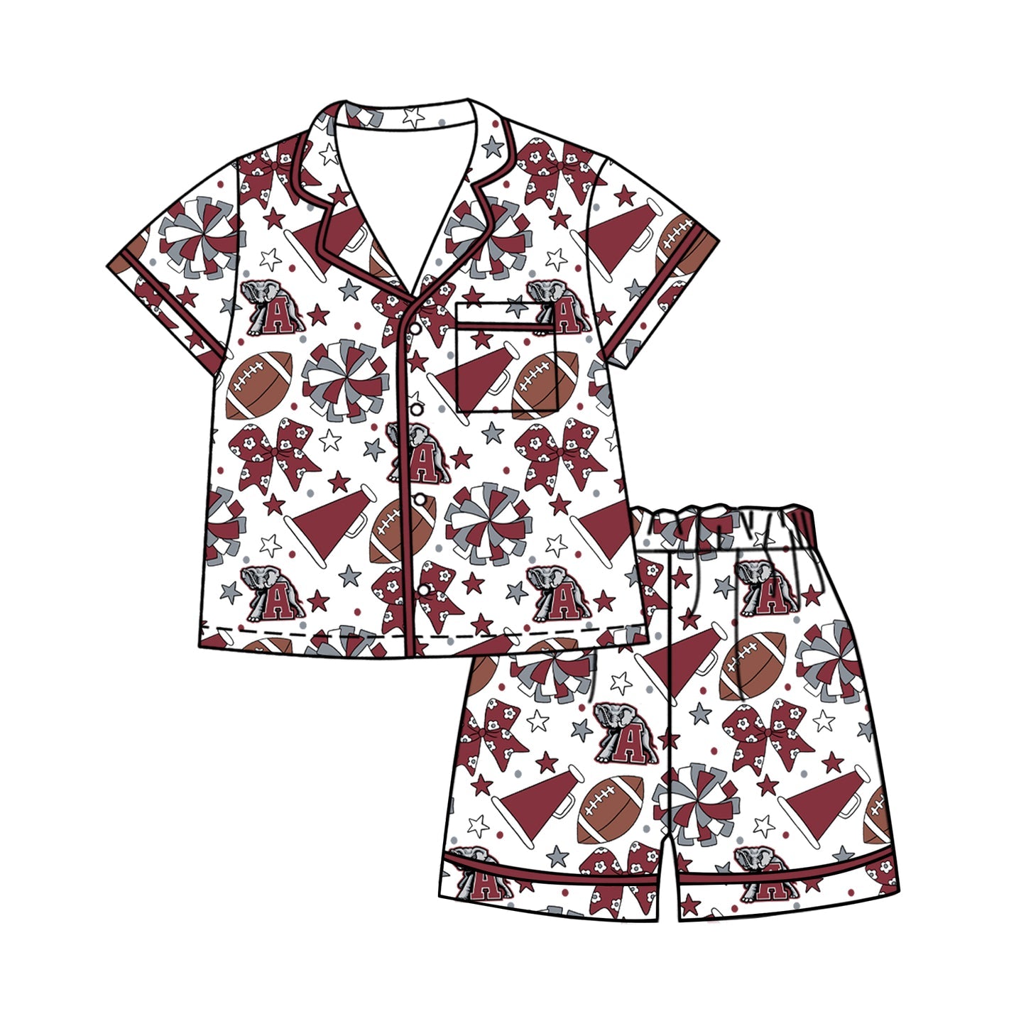 Preorder (moq 5)Baby Girls Footballs Bows Button Pocket Top Short Team Clothes Sets
