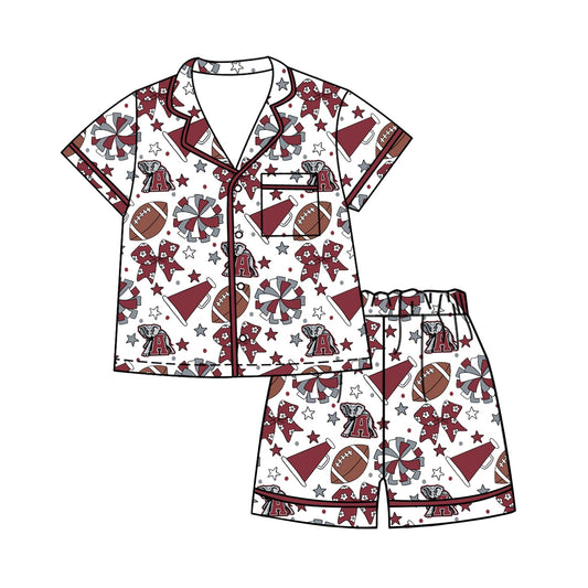 Preorder (moq 5)Baby Girls Footballs Bows Button Pocket Top Short Team Clothes Sets