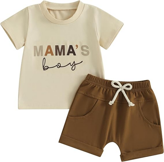 Baby Boys Green Mama's Boy Shirt Summer Brown Shorts Clothes Sets preorder (moq 5)