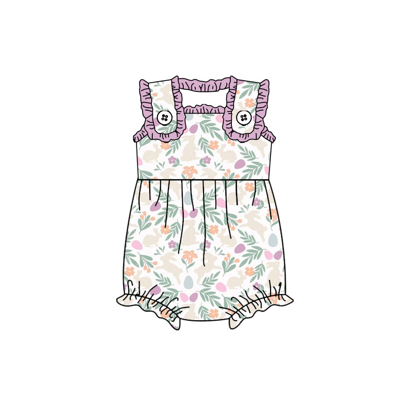 Baby Infant Easter Rabbits Leaves Pink Straps Rompers preorder(moq 5)