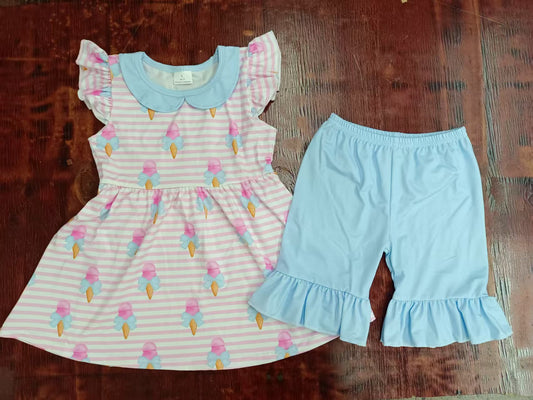Preorder moq 5 Baby Girls Pink Stripe Flutter Sleeves Ice Cream Tunic Blue Ruffle Shorts Set