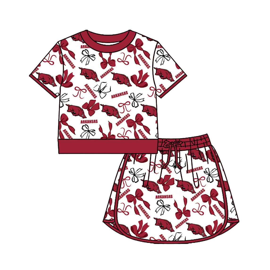 Preorder (moq 5)Baby Girls Bows Arkansas Top Skirt Short Team Clothes Set