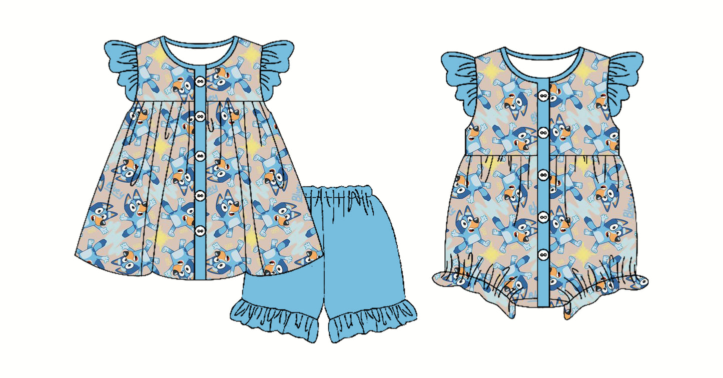 Preorder moq 5 Custom Baby Girls Blue Cartoon Dogs Button Tunic Ruffle Short Set Rompers