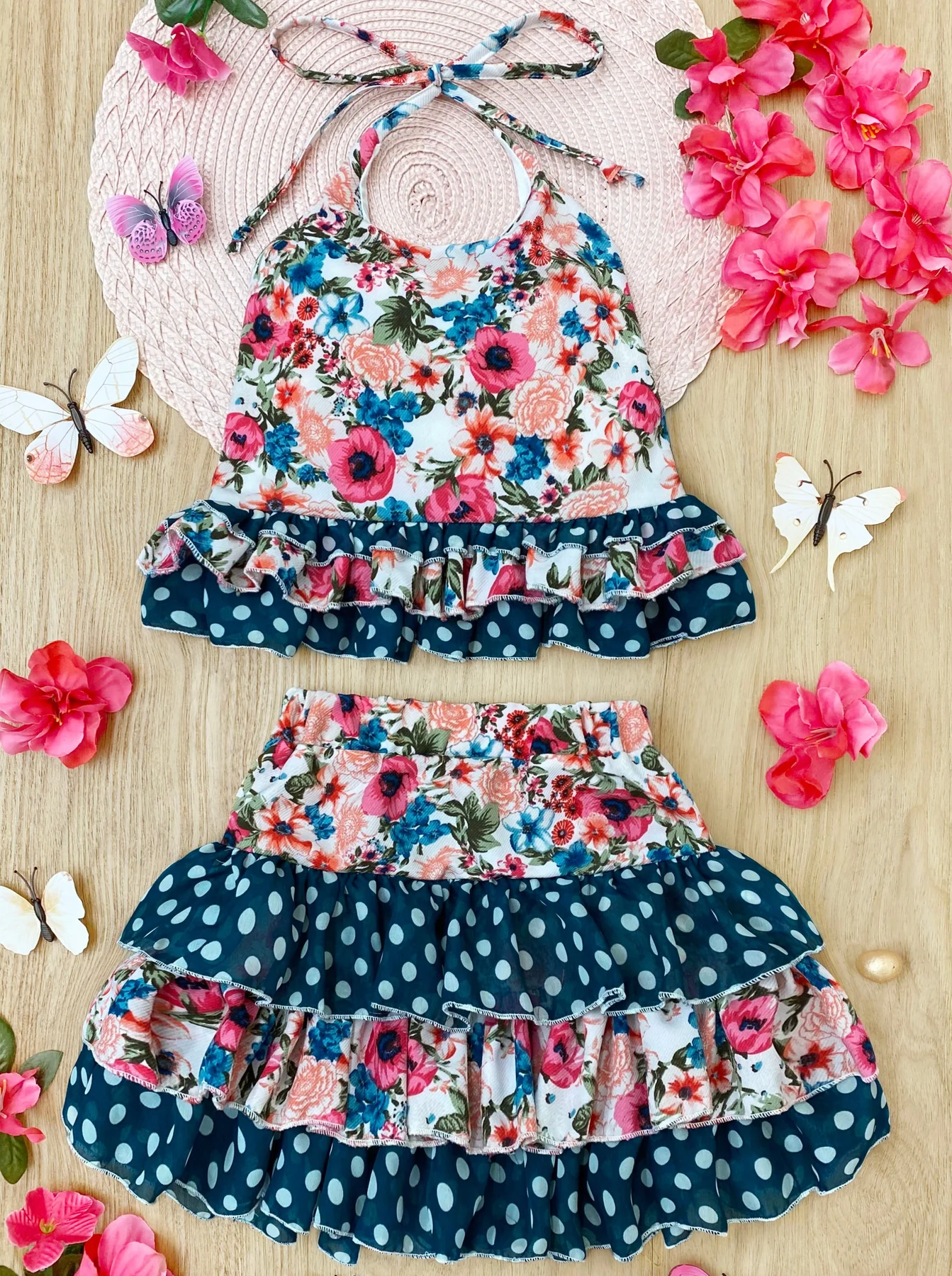 Baby Girls Halter Flowers Ruffle Top Skirts Clothes Sets preorder (moq 5)
