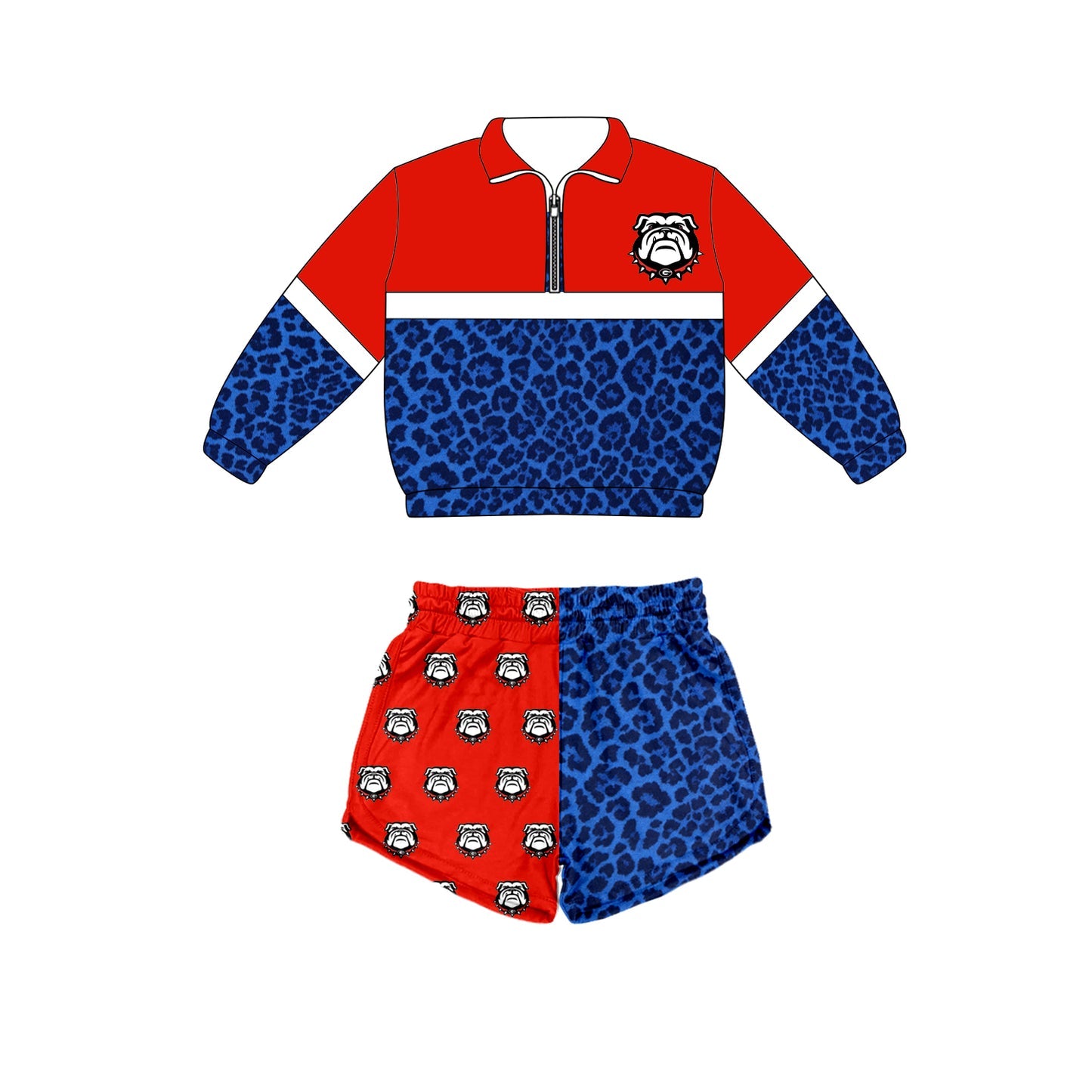 Preorder (moq 5)Baby Boys Blue Leopard Zip Bulldogs Pullovers Top Short Team Clothes Set