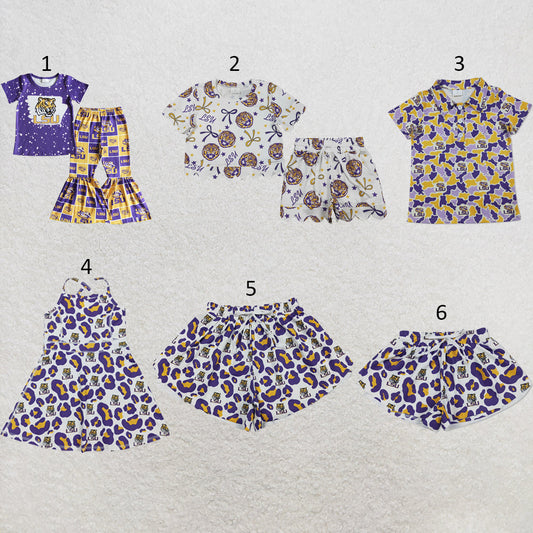 Sibling Mama and Me Kids Bows LSU Tigers Team Clothes Sets Polo Shirt Yoga Active Butterfly Shorts