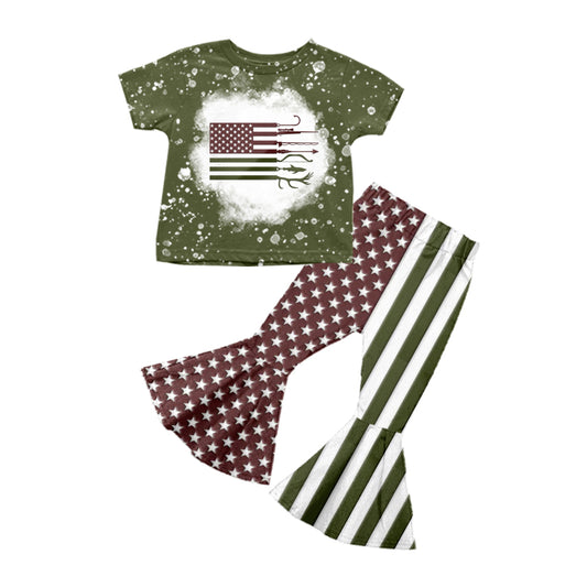 Baby Girls Flags Fishing Short Sleeve Shirt Bell Pants Clothing Sets Preorder(moq 5)