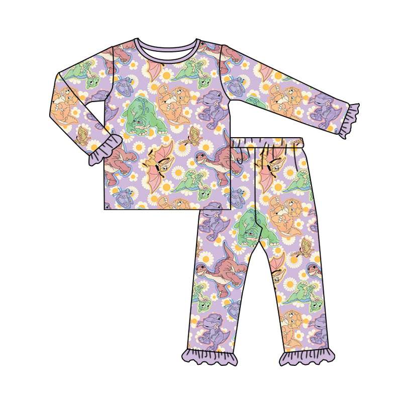 Baby Girls Purple Dinosaurs Tee Shirt Top Pants Pajamas Clothes Sets Preorder(moq 5)