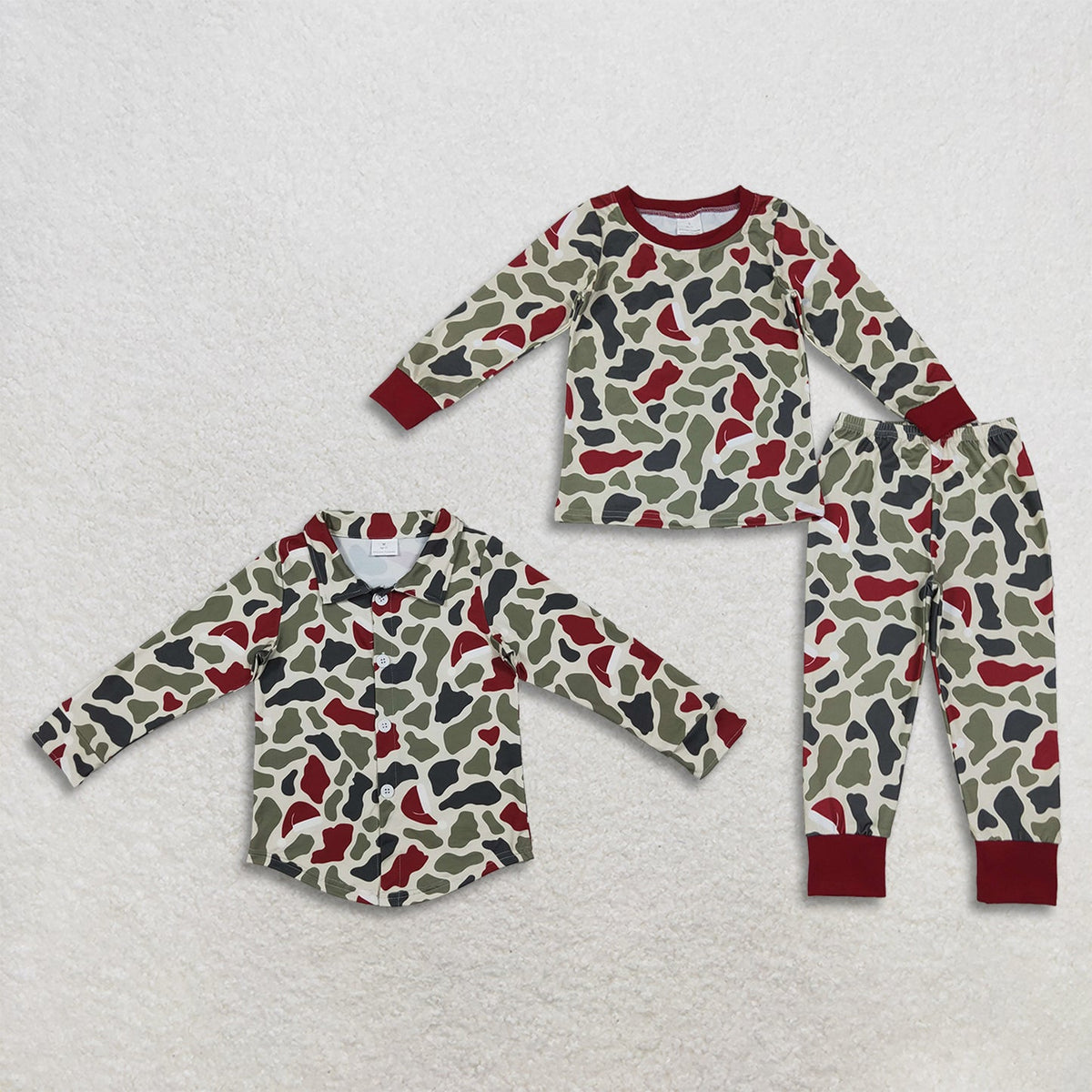 Sibling Baby Boys Long Sleeve Green Red Camo Christmas Pajamas Set Button Shirts Top