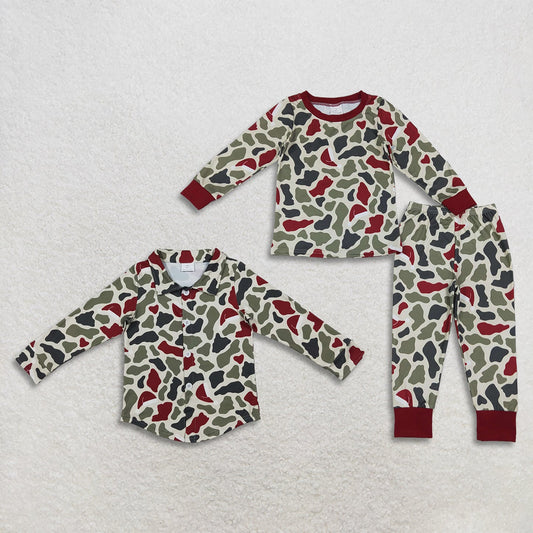 Sibling Baby Boys Long Sleeve Green Red Camo Christmas Pajamas Set Button Shirts Top