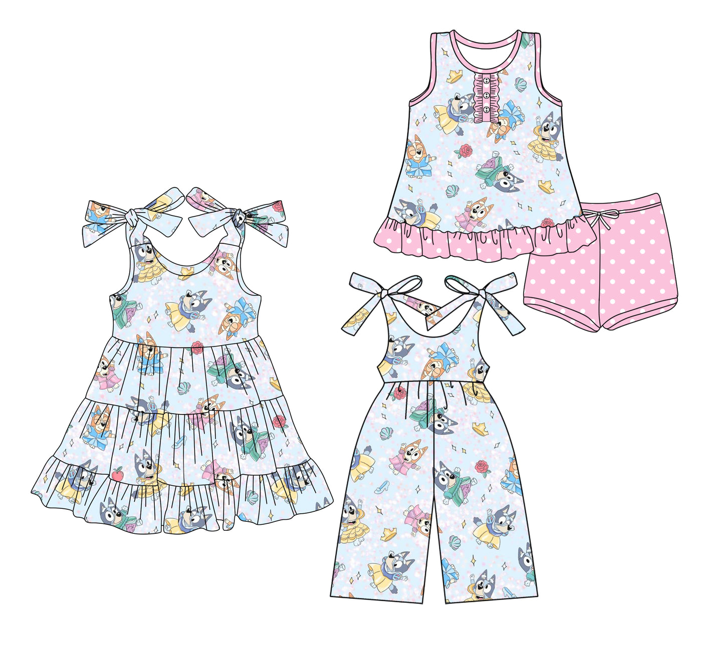 Preorder moq 5 Custom Baby Girls Cartoon Dogs Tunic Polka Dots Shorts Set Knee Length Dress Jumpsuits