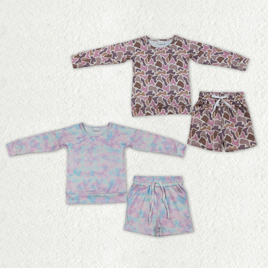 Sibling Baby Girls Long Sleeve Pink Camo Tie-dye Print Top Pockets Short Clothes Sets