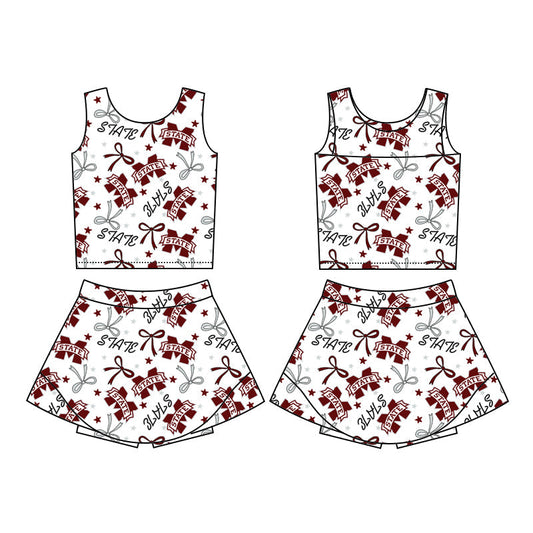 Cutom moq 5 Football Team state maroon bows sleeveless skirt with shorts girls set