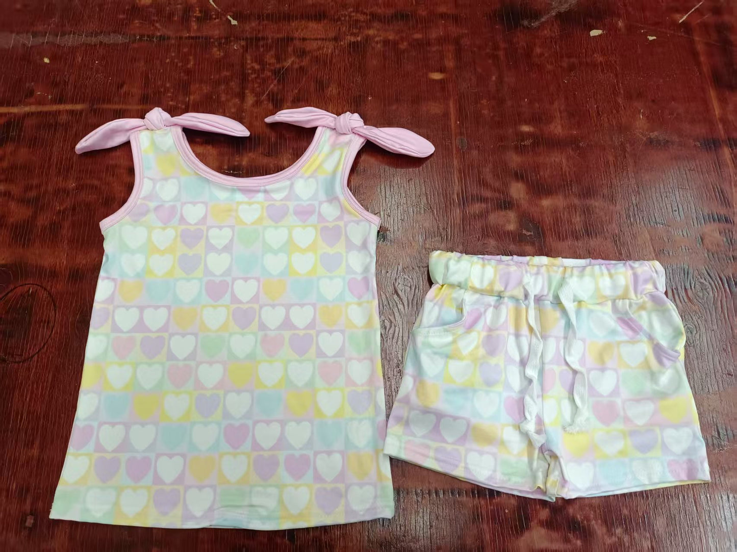 Preorder moq 5 Baby Girls Pink Bows Sleeveless Colorful Hearts Plaid Top Pockets Short Set