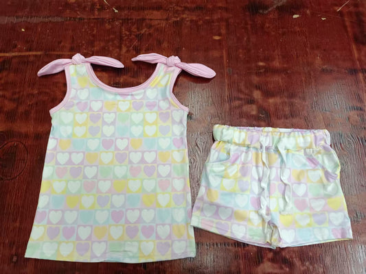 Preorder moq 5 Baby Girls Pink Bows Sleeveless Colorful Hearts Plaid Top Pockets Short Set