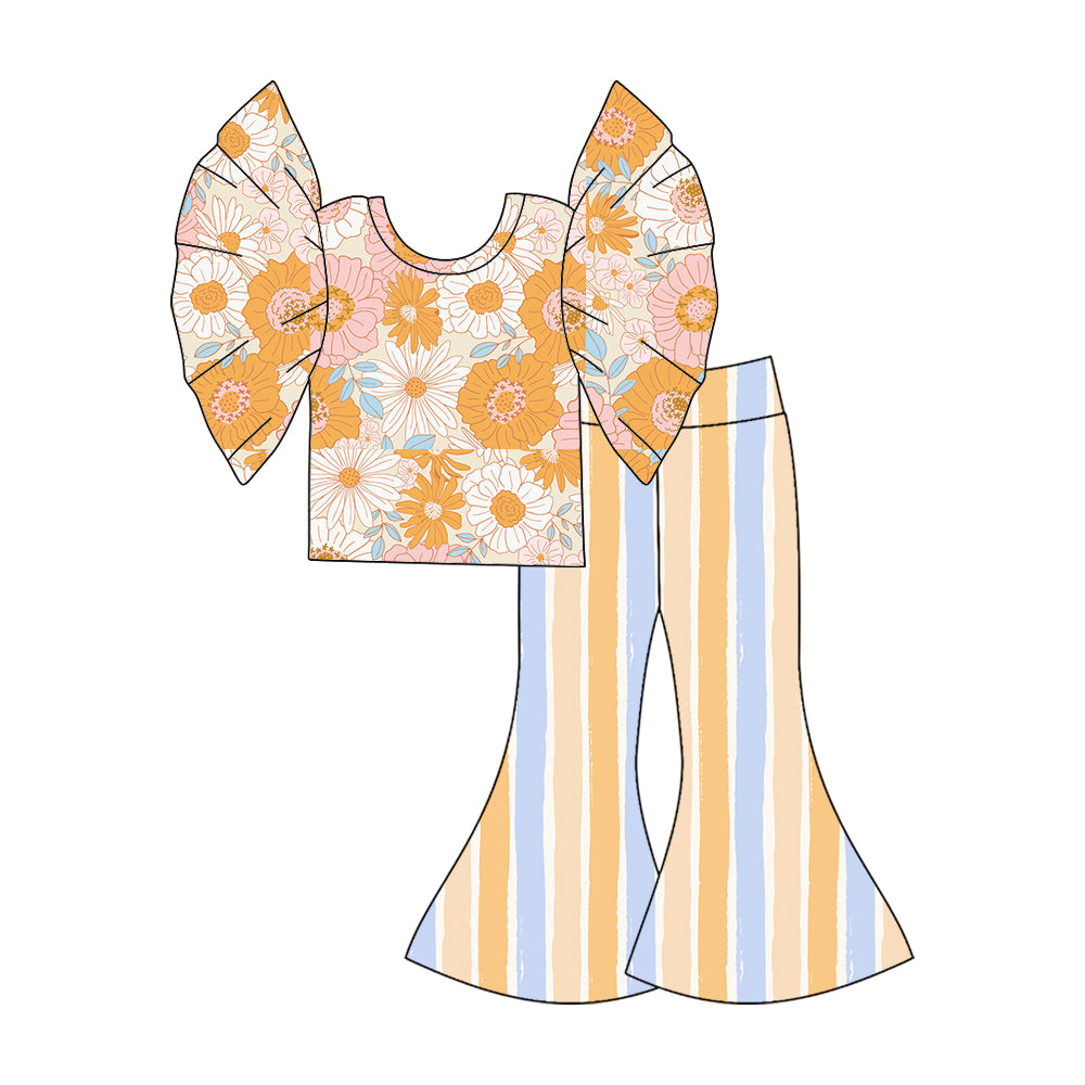 Baby Girls Orange Flowers Flutter Sleeve Shirt Top Stripes Bell Pants Sets preorder(MOQ 5)