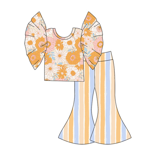 Baby Girls Orange Flowers Flutter Sleeve Shirt Top Stripes Bell Pants Sets preorder(MOQ 5)