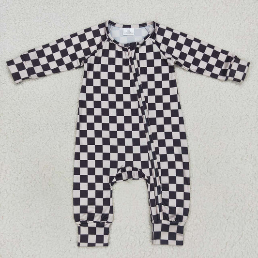 Baby Girls Black Checkered Long Sleeve Zip Rompers