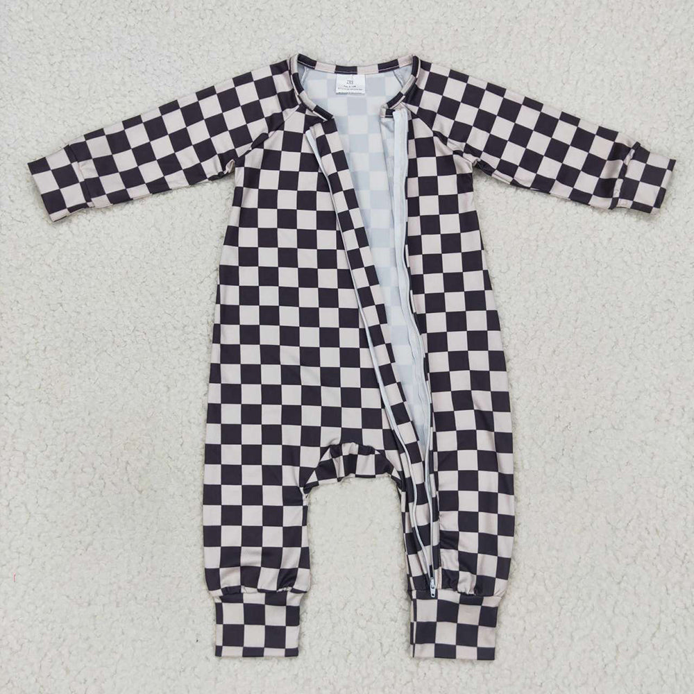 Baby Girls Black Checkered Long Sleeve Zip Rompers