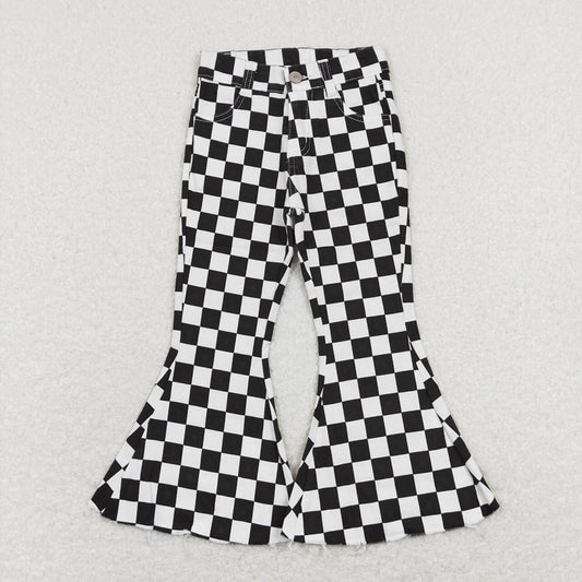 Baby Girls Black Checkered Bell Flare Denim Pants Jeans