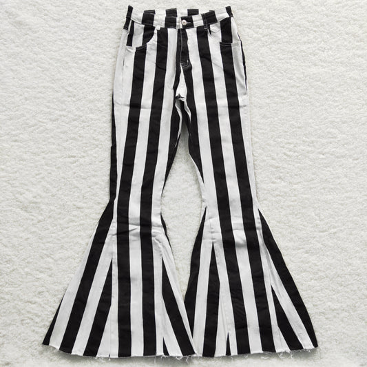 Adult Women Black Stripes Denim Bell Pants Jeans