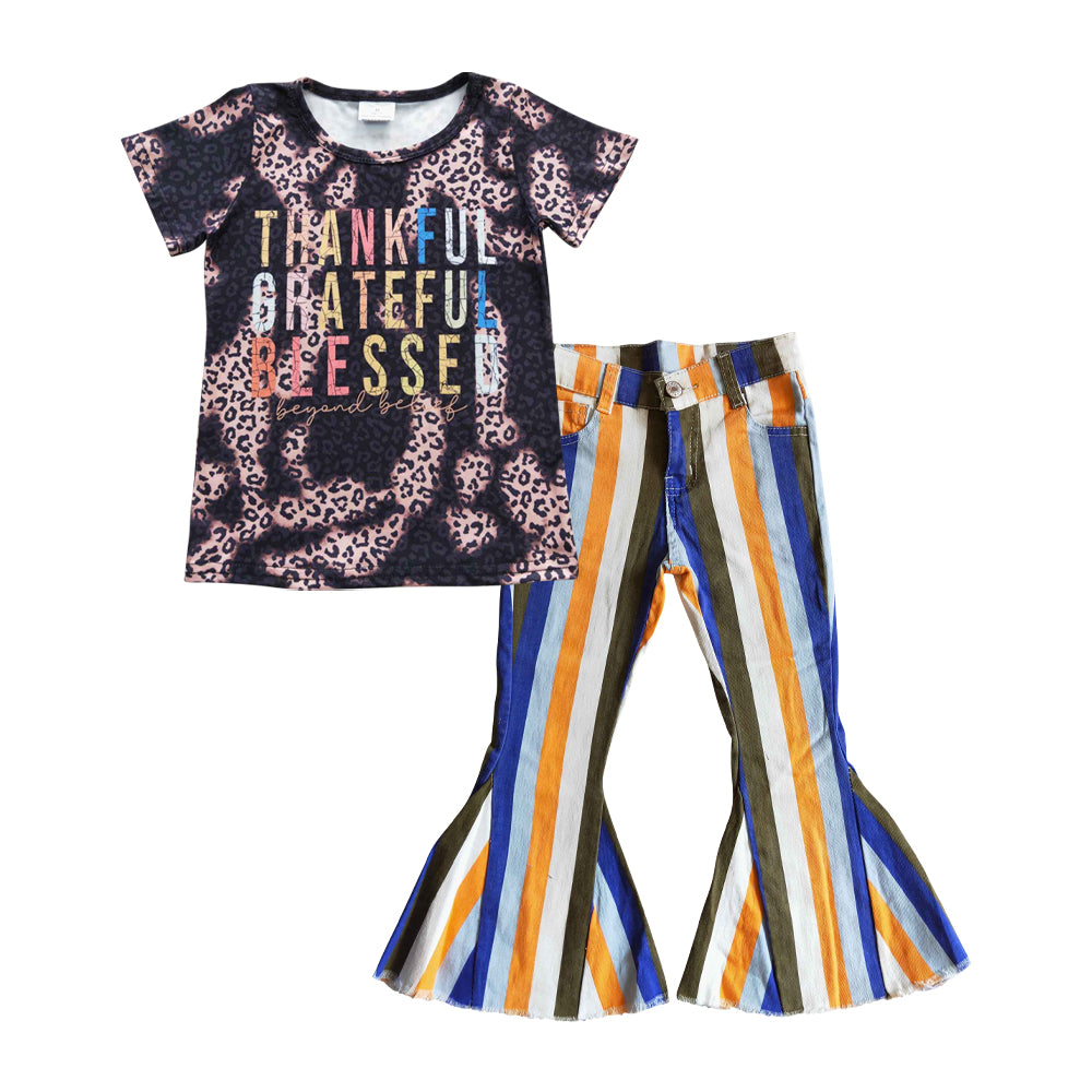 Baby Girls Thankful Blue Stripes Bell Denim Pants Clothes Sets