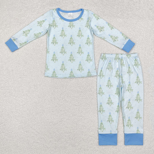 Baby Boys Christmas Tree Blue Bamboo Pajamas Clothes Sets