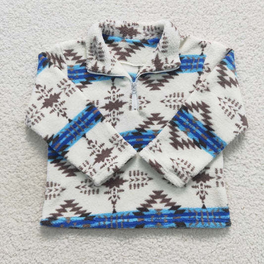 Baby Kids Children Blue Aztec Western Thick Zip Pullovers Tops
