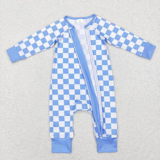 Baby Infant Kids Blue Checkered Long Sleeve Zip Sleepers Rompers