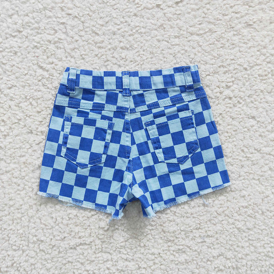 Baby Girls Blue Checkered Distressed Denim Shorts