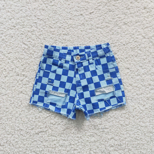 Baby Girls Blue Checkered Distressed Denim Shorts