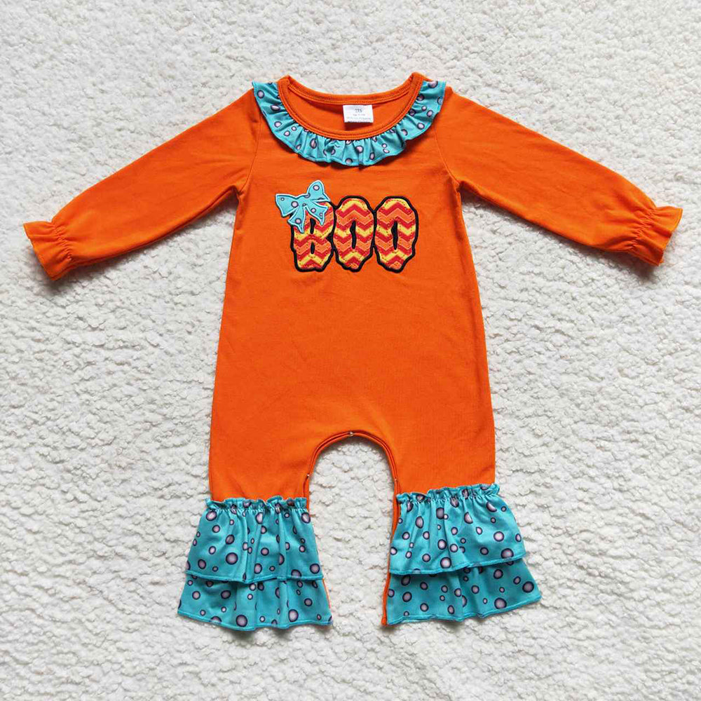 Baby Girls Halloween Boo Bow Fall Ruffle Rompers