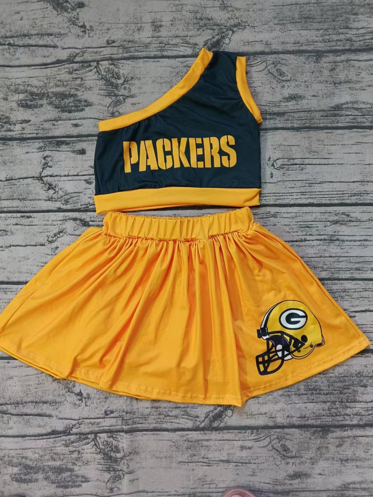 Baby Girls One Shoulder Packers Cheer Team Top Skirt Clothes Sets preorder(MOQ 5)