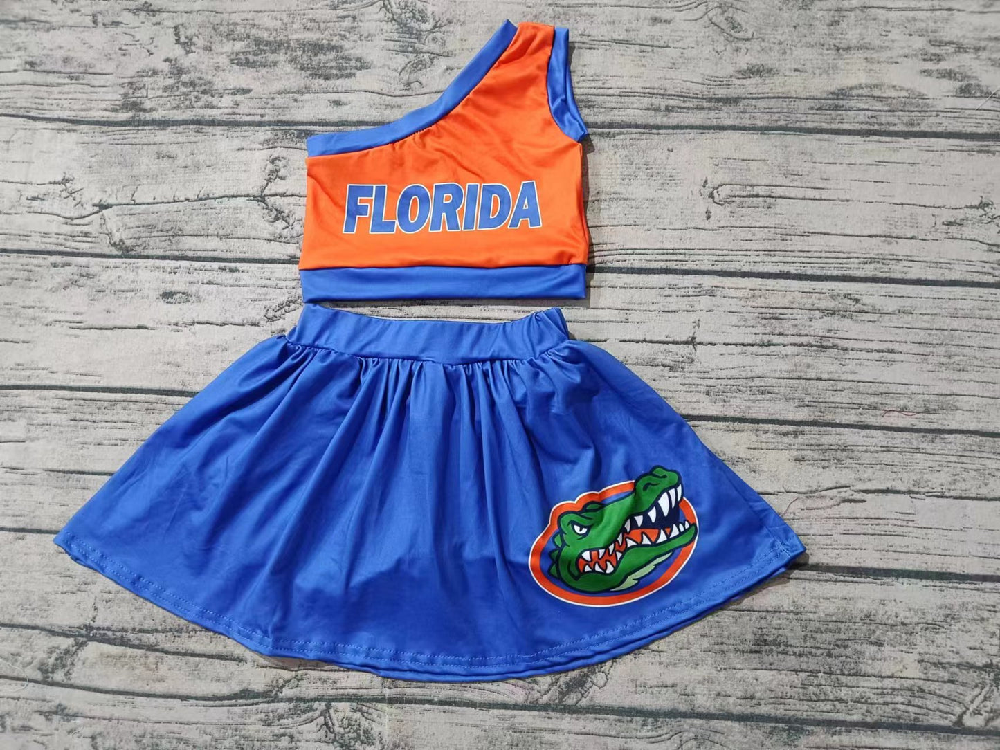 Baby Girls One Shoulder Florida Cheer Team Top Skirt Clothes Sets preorder(MOQ 5)