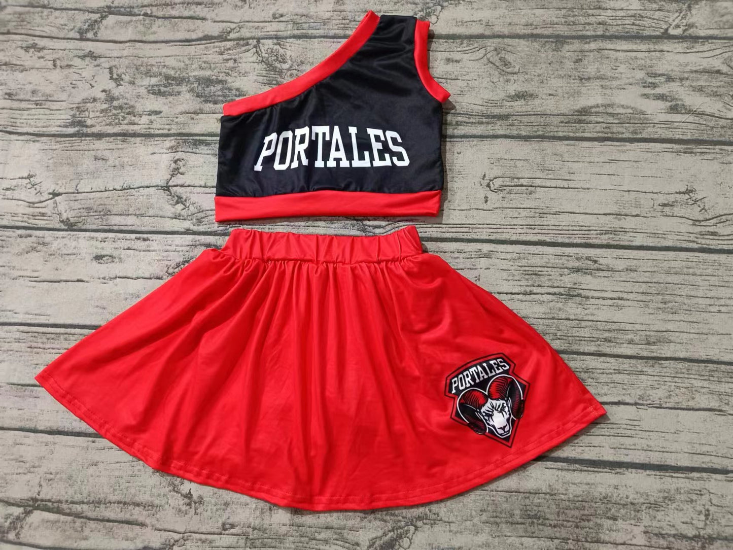 Baby Girls One Shoulder Portales Cheer Team Top Skirt Clothes Sets preorder(MOQ 5)