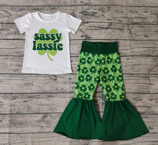 Baby Girls St Patrick Day Sassy Top Quatrefoil Bell Bottom Pants Clothes Sets