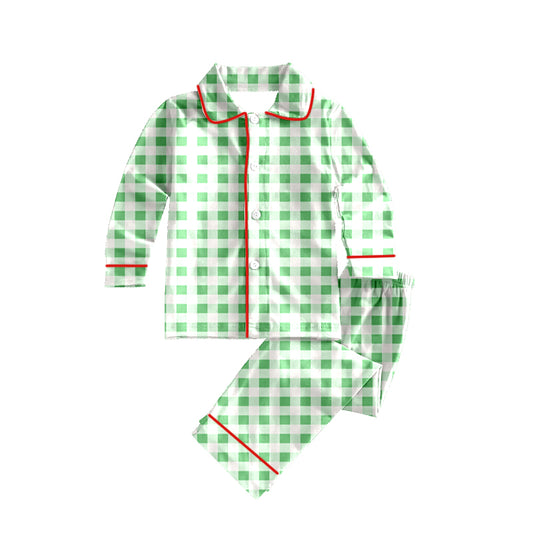 Preorder (moq 5)Baby Kids Christmas Green Checkered Button Top Pant Pajamas Sets