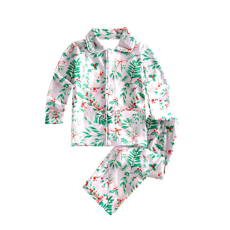 Preorder (moq 5)Baby Kids Christmas Pink Leaves Button Top Pant Pajamas Sets