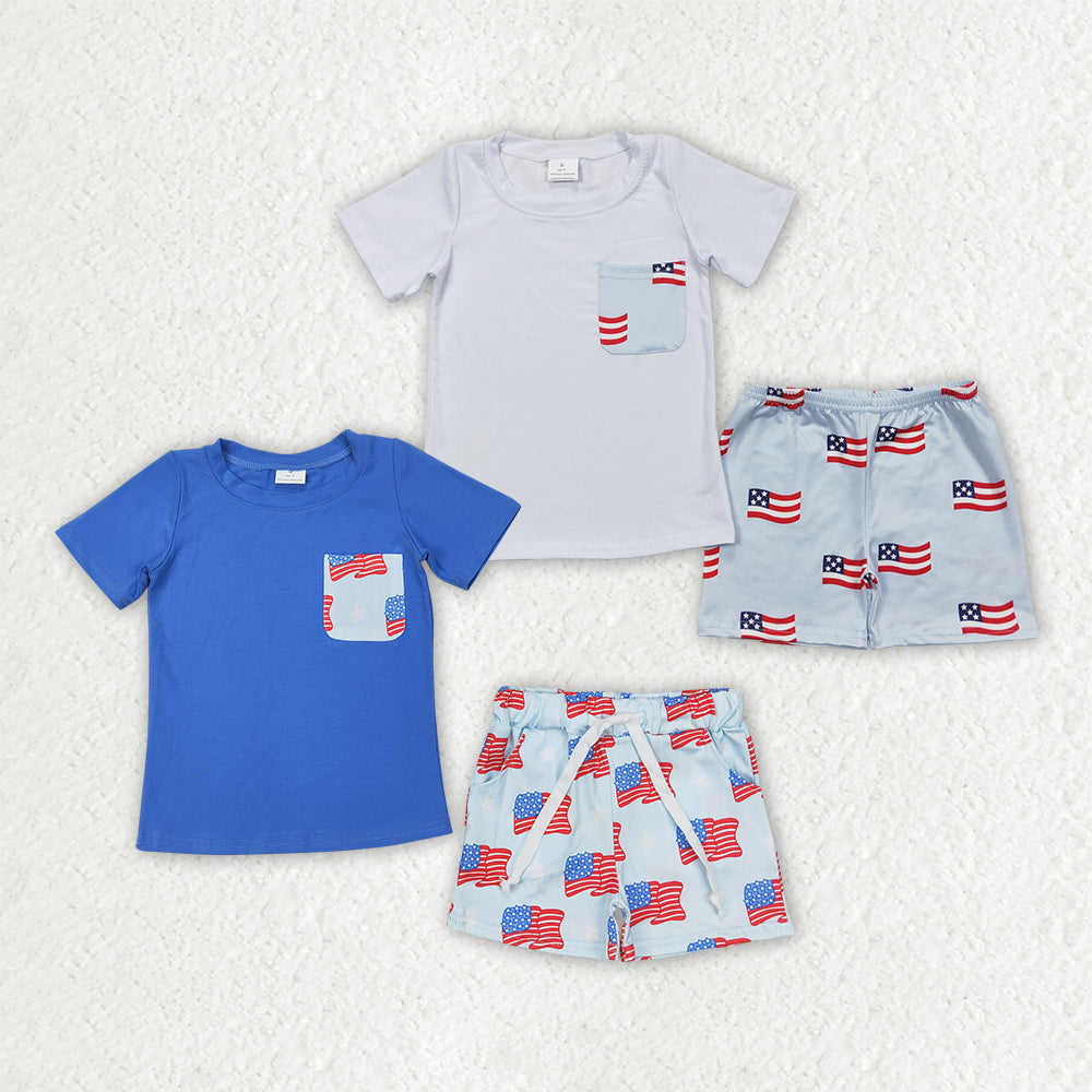 2 Colors Sibling Baby Boys 4th of July Flags Pocket Shirts Shorts Outfits