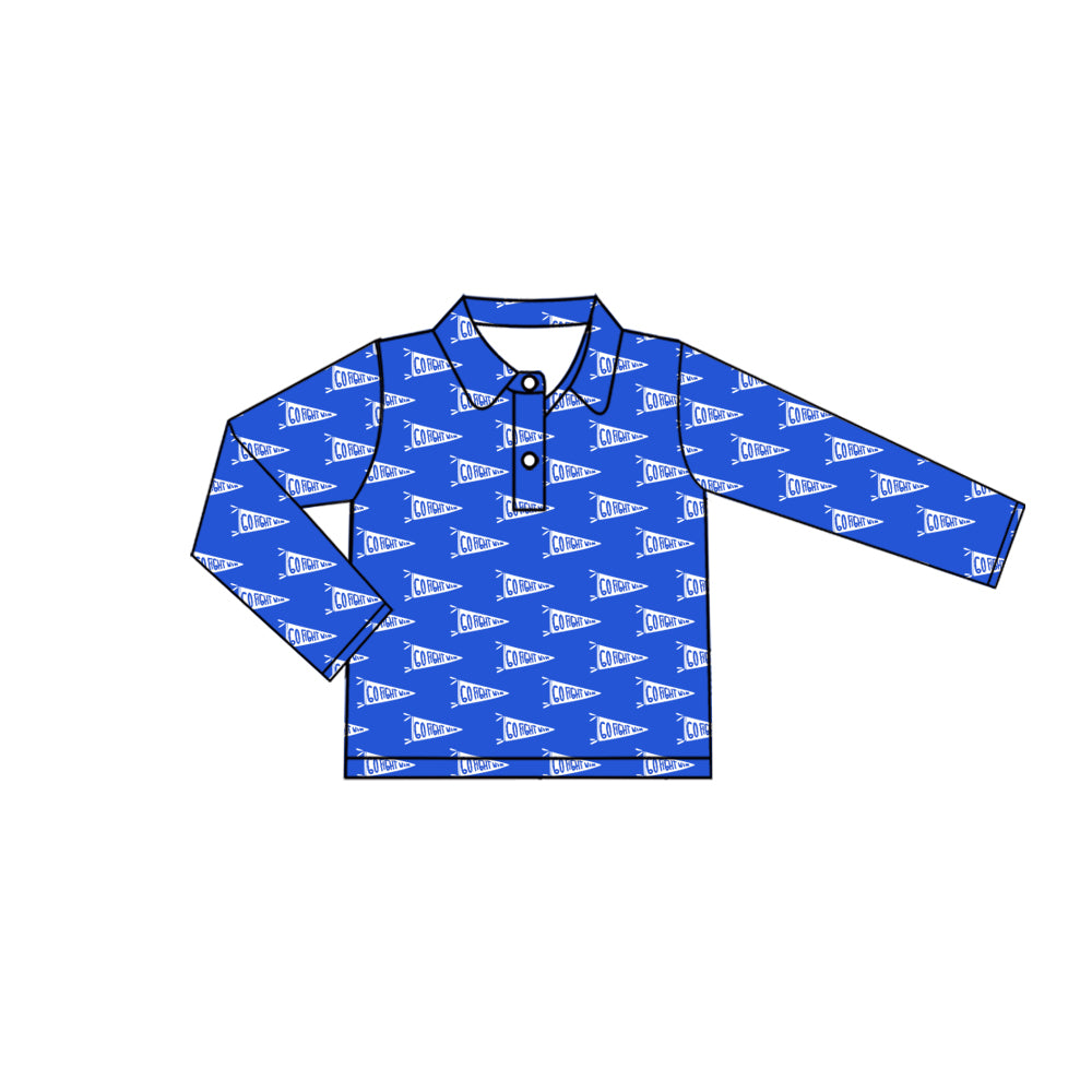 Preorder (moq 5)Baby Boys Go Fight With Flag Blue Team Cheer Buttons Pullovers Tops