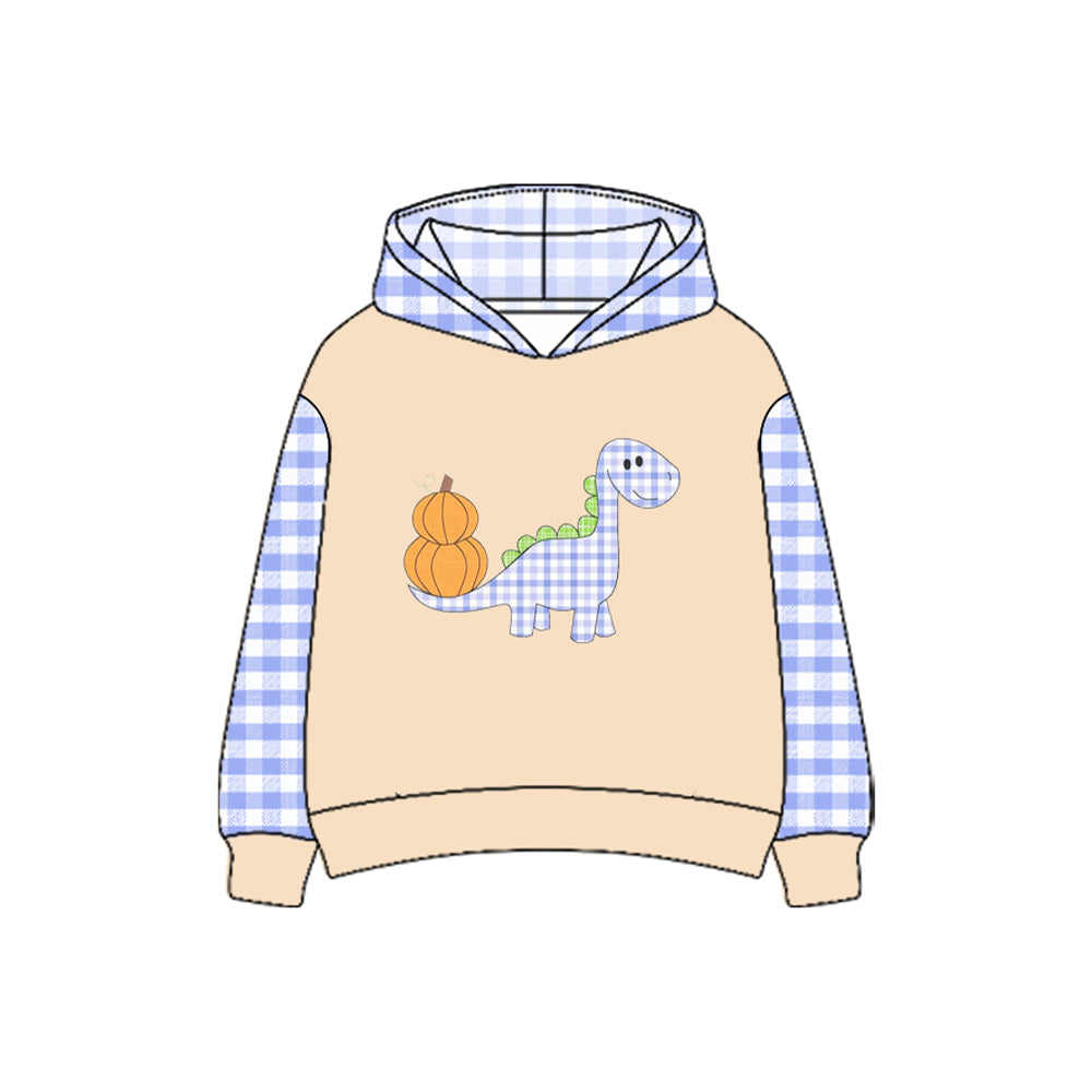 Preorder(moq 5) Baby Boys Blue Plaid Long Sleeves Dinosaur Pumpkins Hoodies Top